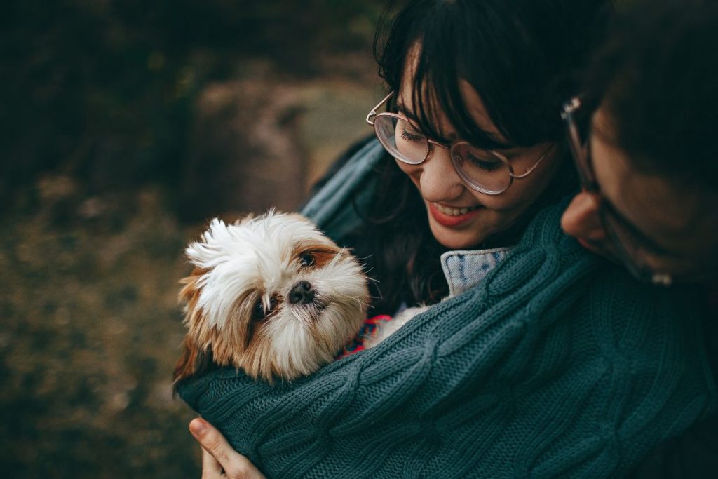 Young couple holding their  dog and looking at it lovingly